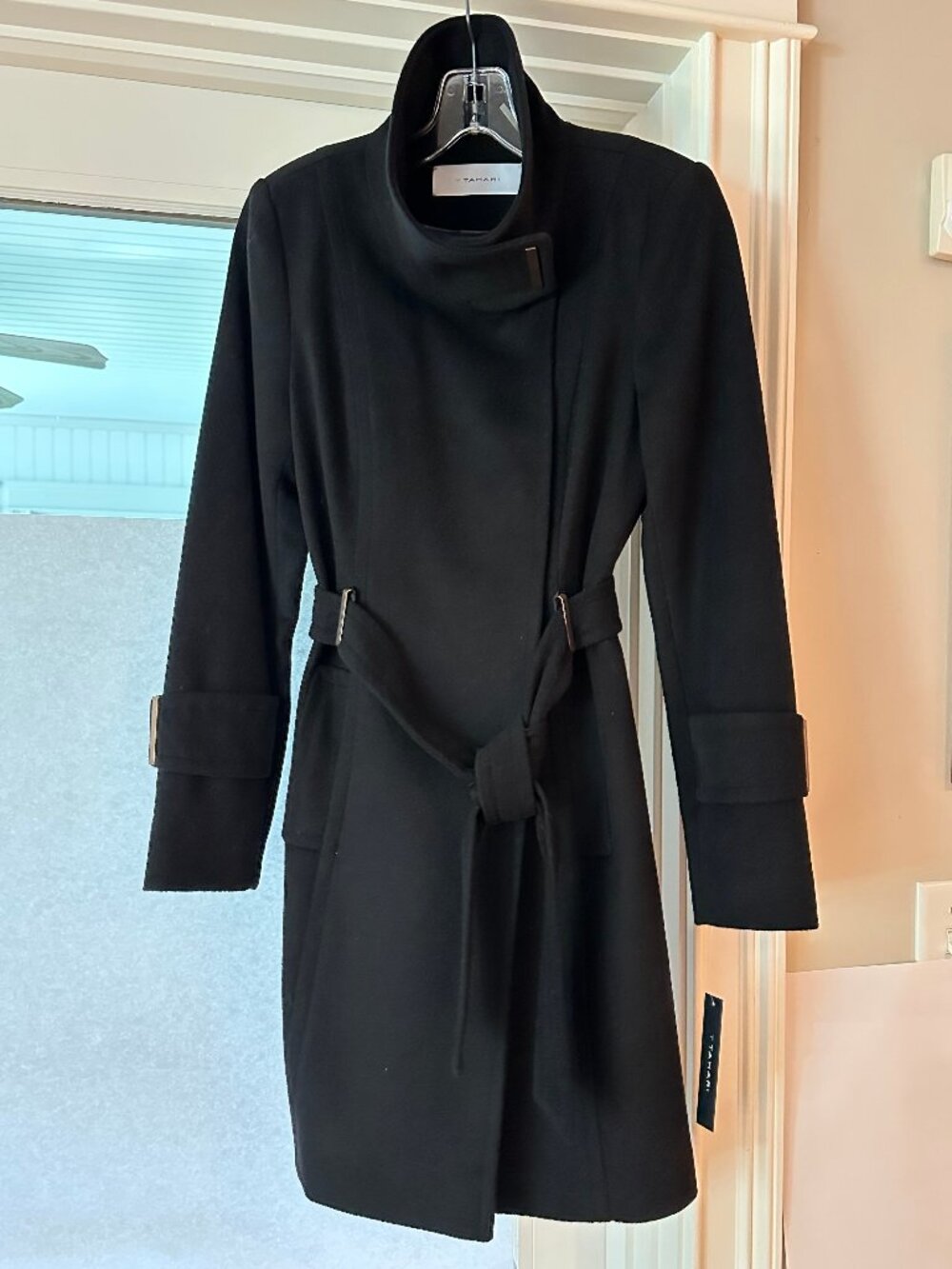 Tahari wool blend wrap coat with belt, funnel collar, silver bar details, size 2